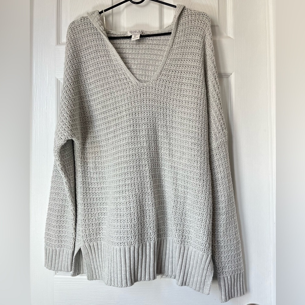 Rachel Zoe Gray Knit Hooded Crochet Pullover Sweater Large